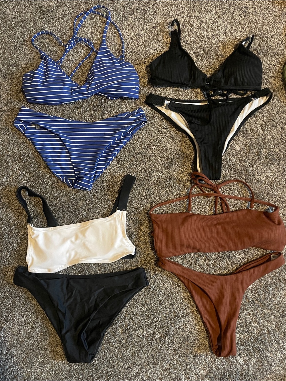Mixed Bikini Set Lot — Blue Stripe, Black, White & Brown Pieces
